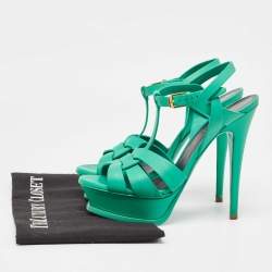 Pre Owned Saint Laurent Green Leather  Tribute Ankle Strap Sandals Size 36.5