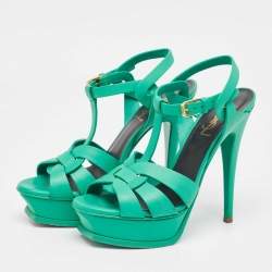 Pre Owned Saint Laurent Green Leather  Tribute Ankle Strap Sandals Size 36.5