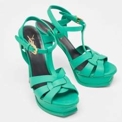 Pre Owned Saint Laurent Green Leather  Tribute Ankle Strap Sandals Size 36.5