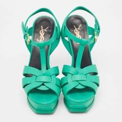 Pre Owned Saint Laurent Green Leather  Tribute Ankle Strap Sandals Size 36.5