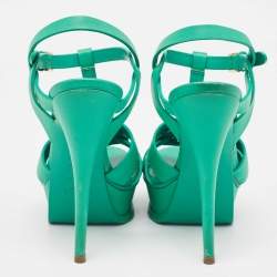Pre Owned Saint Laurent Green Leather  Tribute Ankle Strap Sandals Size 36.5
