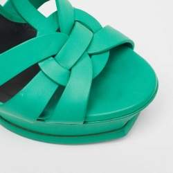 Pre Owned Saint Laurent Green Leather  Tribute Ankle Strap Sandals Size 36.5