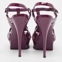Pre Owned Yves Saint Laurent Burgundy Patent Leather Tribute Platform Ankle Strap Sandals Size 37