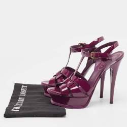 Pre Owned Yves Saint Laurent Burgundy Patent Leather Tribute Platform Ankle Strap Sandals Size 37
