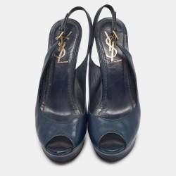 Yves Saint Laurent Navy Blue Leather Peep Toe Platform Slingback Pumps Size 36