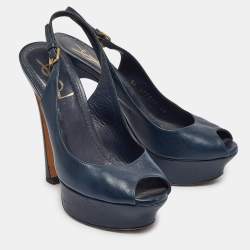 Yves Saint Laurent Navy Blue Leather Peep Toe Platform Slingback Pumps Size 36