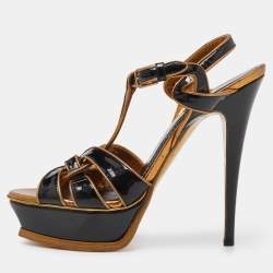 Yves Saint Laurent Black/Gold Patent Leather Tribute Platform Ankle Strap Sandals Size 39