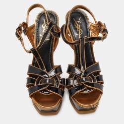 Yves Saint Laurent Black/Gold Patent Leather Tribute Platform Ankle Strap Sandals Size 39