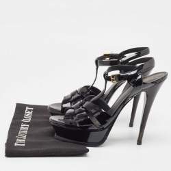 Pre Owned Yves Saint Laurent Black Patent Tribute Ankle Strap Sandals Size 39