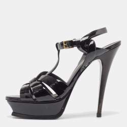 Pre Owned Yves Saint Laurent Black Patent Tribute Ankle Strap Sandals Size 39