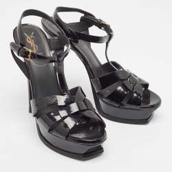 Pre Owned Yves Saint Laurent Black Patent Tribute Ankle Strap Sandals Size 39