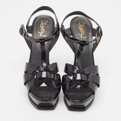 Pre Owned Yves Saint Laurent Black Patent Tribute Ankle Strap Sandals Size 39