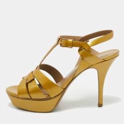 Pre Owned Yves Saint Laurent Yellow Patent Leather Tribute Sandals Size 38