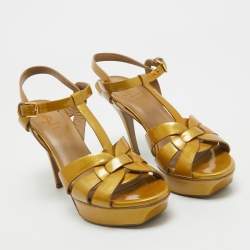 Pre Owned Yves Saint Laurent Yellow Patent Leather Tribute Sandals Size 38