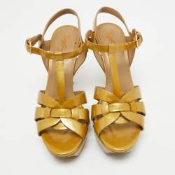 Pre Owned Yves Saint Laurent Yellow Patent Leather Tribute Sandals Size 38