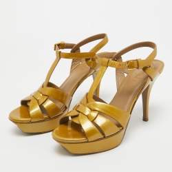 Pre Owned Yves Saint Laurent Yellow Patent Leather Tribute Sandals Size 38