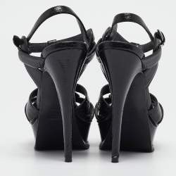 مملوكة مسبقًا Yves Saint Laurent Black Textured Patent Leather Tribute Platform Ankle Strap Sandals Size 36.5