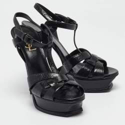 مملوكة مسبقًا Yves Saint Laurent Black Textured Patent Leather Tribute Platform Ankle Strap Sandals Size 36.5