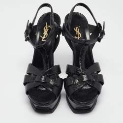 مملوكة مسبقًا Yves Saint Laurent Black Textured Patent Leather Tribute Platform Ankle Strap Sandals Size 36.5