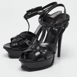 مملوكة مسبقًا Yves Saint Laurent Black Textured Patent Leather Tribute Platform Ankle Strap Sandals Size 36.5