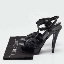 مملوكة مسبقًا Yves Saint Laurent Black Textured Patent Leather Tribute Platform Ankle Strap Sandals Size 36.5