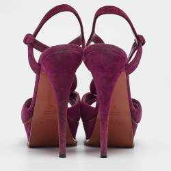 Pre Owned Yves Saint Laurent Purple Suede Buckle Detail Platform Ankle Strap Sandals Size 40