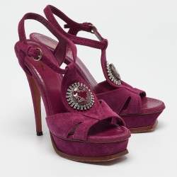 Pre Owned Yves Saint Laurent Purple Suede Buckle Detail Platform Ankle Strap Sandals Size 40