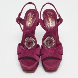 Pre Owned Yves Saint Laurent Purple Suede Buckle Detail Platform Ankle Strap Sandals Size 40