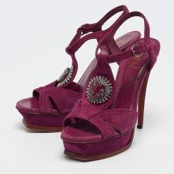 Pre Owned Yves Saint Laurent Purple Suede Buckle Detail Platform Ankle Strap Sandals Size 40