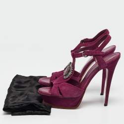 Pre Owned Yves Saint Laurent Purple Suede Buckle Detail Platform Ankle Strap Sandals Size 40