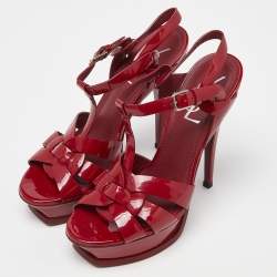 Pre Owned Yves Saint Laurent Red Patent Leather Tribute Platform Sandals Size 37