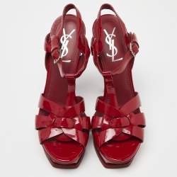Pre Owned Yves Saint Laurent Red Patent Leather Tribute Platform Sandals Size 37