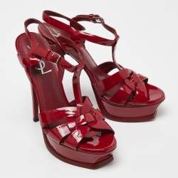 Pre Owned Yves Saint Laurent Red Patent Leather Tribute Platform Sandals Size 37