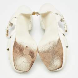 Pre Owned Yves Saint Laurent White Lizard Embossed Leather Tribute Platform Ankle Strap Sandals Size 38