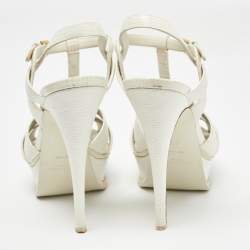 Pre Owned Yves Saint Laurent White Lizard Embossed Leather Tribute Platform Ankle Strap Sandals Size 38