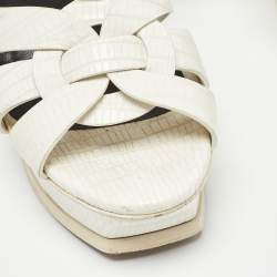 Pre Owned Yves Saint Laurent White Lizard Embossed Leather Tribute Platform Ankle Strap Sandals Size 38