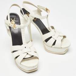 Pre Owned Yves Saint Laurent White Lizard Embossed Leather Tribute Platform Ankle Strap Sandals Size 38
