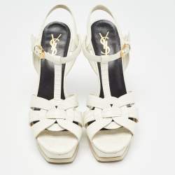 Pre Owned Yves Saint Laurent White Lizard Embossed Leather Tribute Platform Ankle Strap Sandals Size 38