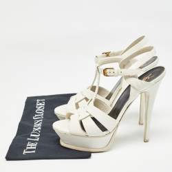 Pre Owned Yves Saint Laurent White Lizard Embossed Leather Tribute Platform Ankle Strap Sandals Size 38