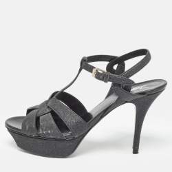 Yves Saint Laurent Black Glitter Crystal Embellished Tribute Sandals Size 39