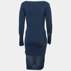 Pre Owned Zac Posen Navy Blue Stretch Knit Sheer Pointelle Trim Long Sleeve Midi Dress M