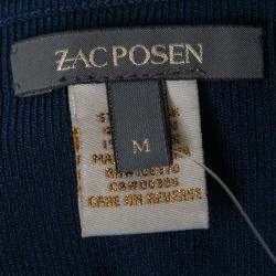 Pre Owned Zac Posen Navy Blue Stretch Knit Sheer Pointelle Trim Long Sleeve Midi Dress M