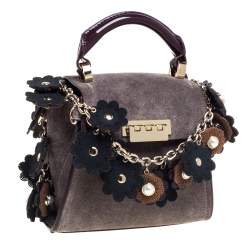 Zac Posen Grey/Burgundy Suede and Patent Leather Mini Eartha Iconic Top Handle Bag