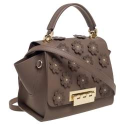 Pre Owned Zac Posen Dark Beige Floral Applique Leather Eartha Top Handle Bag