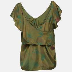 Pre Owned Zadig & Voltaire Green Teen Jungle Print Silk Ruffled Top L