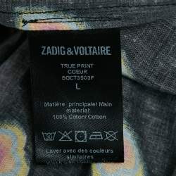 Pre Owned Zadig & Voltaire Black Hearts Print Cotton One Shoulder Coeur Top L