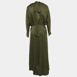 Zadig & Voltaire Green Logo Jacquard Silk Asymmetric Tie-Up Detail Midi Dress M