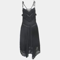 Zadig & Voltaire Black Cotton Lace Trimmed Tie-Up Detail Asymmetric Midi Dress XS