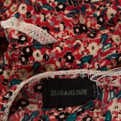 Zadig and Voltaire Red Floral Print Lace Trimmed Rivale Midi Dress M