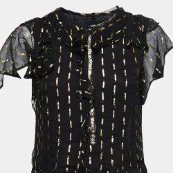 Zadig and Voltaire Black/Gold Crepe Rool Shiny Ruffled Dress XS